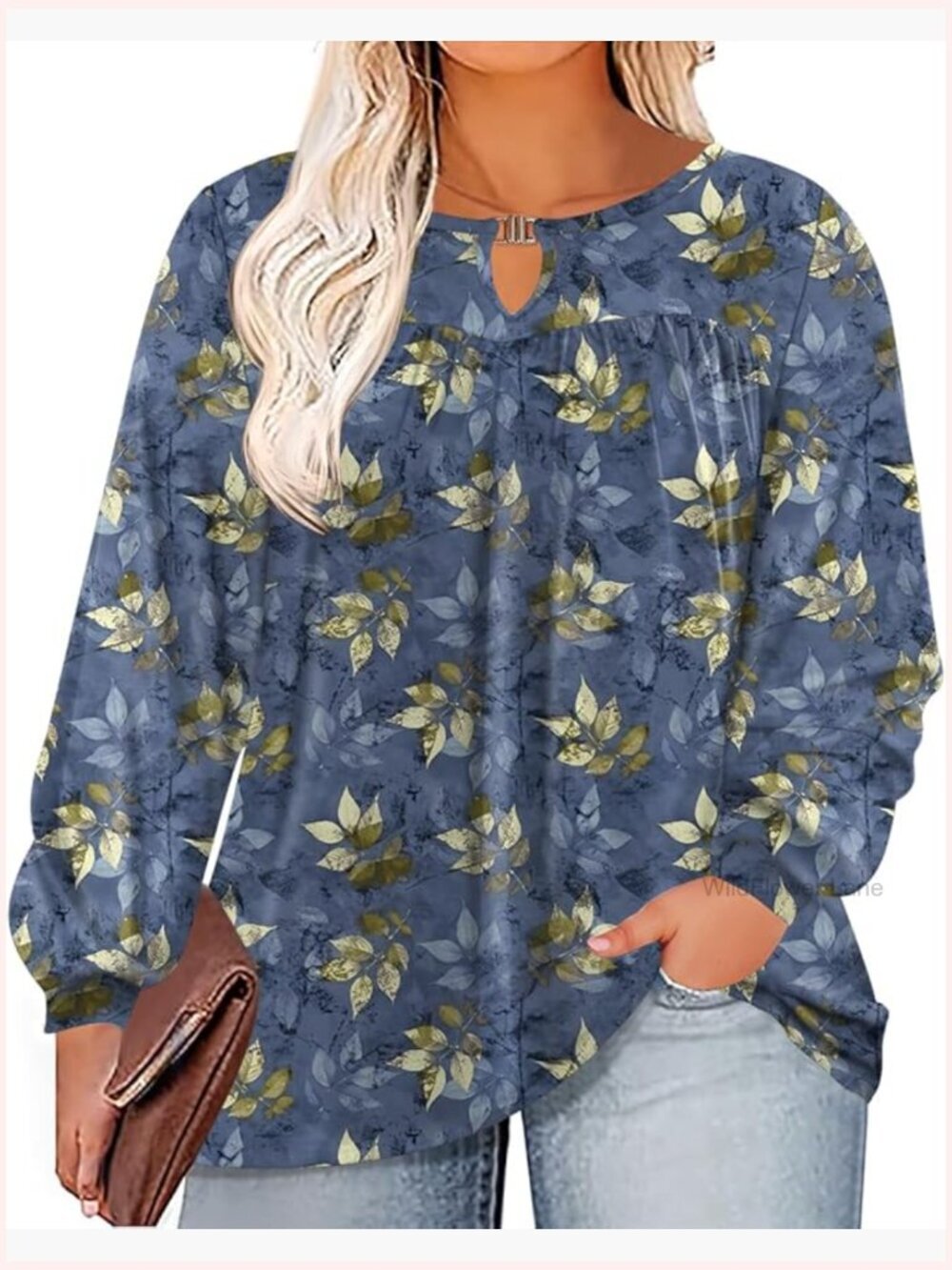Plus Size Long Sleeve V-Neck Keyhole Blouse Tunic Top 1X-5X